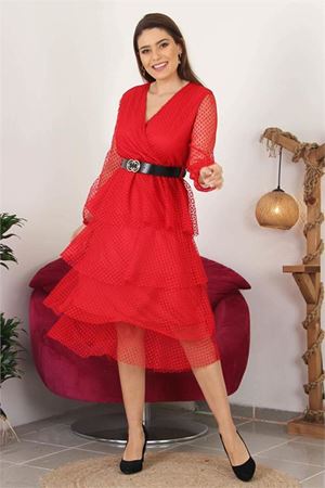 Neşeli butik kadın kemerli eteği kat kat yeni sezon tül elbise NB10006