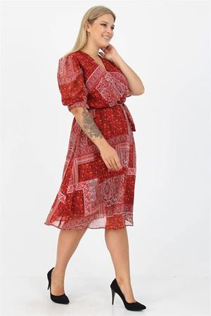 Neşeli butik kadın kruvaze yaka midi boy büyük beden etnik Desenli şifon elbise NB80623