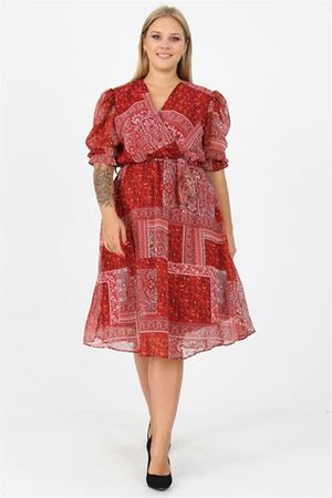 Neşeli butik kadın kruvaze yaka midi boy büyük beden etnik Desenli şifon elbise NB80623