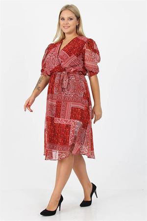 Neşeli butik kadın kruvaze yaka midi boy büyük beden etnik Desenli şifon elbise NB80623