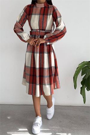 Neşeli butik kadın ithal kumaş kemerli ekose elbise KKLF62