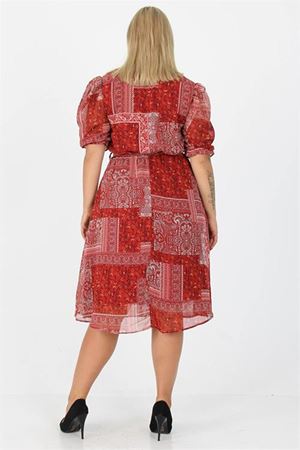 Neşeli butik kadın kruvaze yaka midi boy büyük beden etnik Desenli şifon elbise NB80623