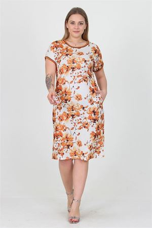 Neşeli butik kadın kiremit çiçek desenli yazlık cep detaylı büyük beden elbise AYSL35