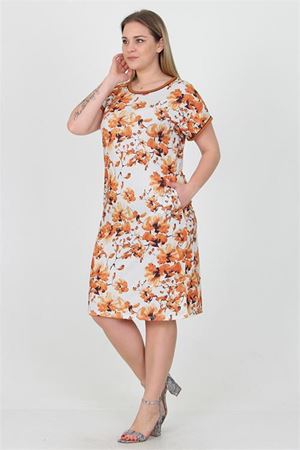 Neşeli butik kadın kiremit çiçek desenli yazlık cep detaylı büyük beden elbise AYSL35