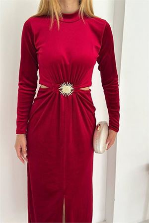 Neşeli butik kadın bel detaylı gol tokalı tam boy kadife elbise NBK4392