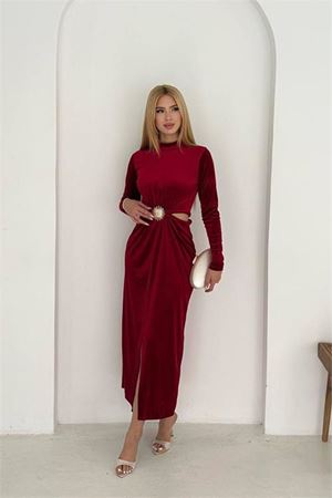 Neşeli butik kadın bel detaylı gol tokalı tam boy kadife elbise NBK4392