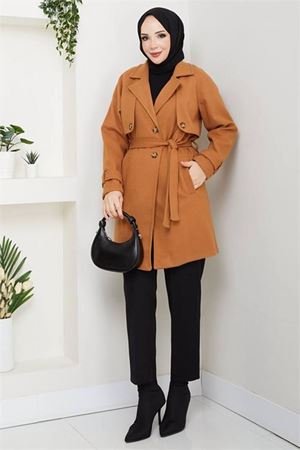 Neşeli butik kadın kısa boy kuşaklı düğmeli astarlı kaşe kaban NBFT003