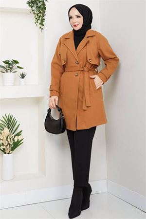 Neşeli butik kadın kısa boy kuşaklı düğmeli astarlı kaşe kaban NBFT003
