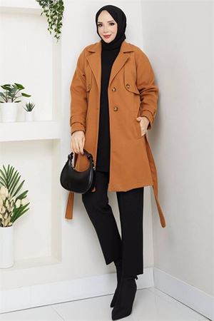 Neşeli butik kadın kısa boy kuşaklı düğmeli astarlı kaşe kaban NBFT003