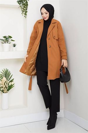 Neşeli butik kadın kısa boy kuşaklı düğmeli astarlı kaşe kaban NBFT003