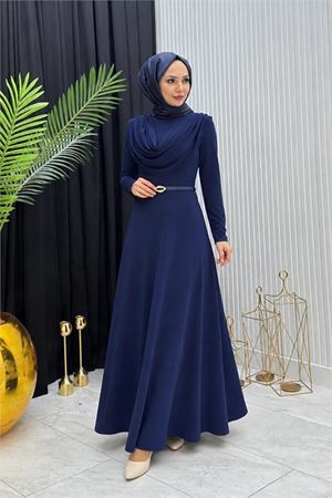 Neşeli butik kadın lacivert sandy kumaş degaje yaka kemer detaylı tesettür elbise---- NMS096