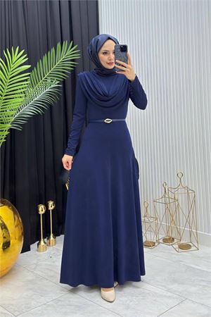 Neşeli butik kadın lacivert sandy kumaş degaje yaka kemer detaylı tesettür elbise---- NMS096