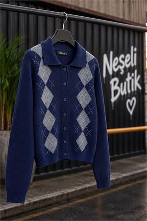 Neşeli butik kadın lacivert kolej tarzı baklava desenli düğmeli triko hırka NBHT06