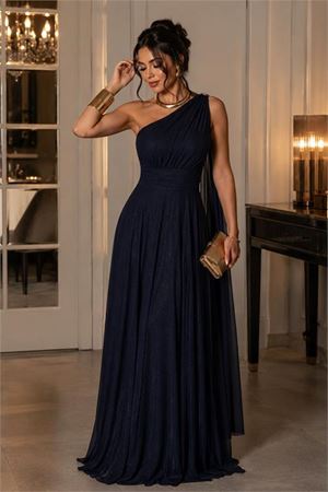 Neşeli butik kadın lacivert tek omuz pilise detaylı simli tül kumaş abiye elbise NBSWLL16