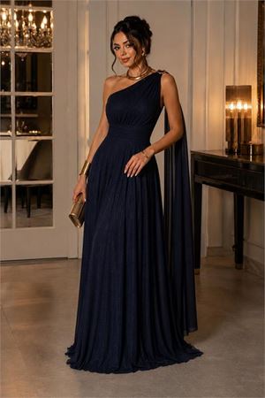 Neşeli butik kadın lacivert tek omuz pilise detaylı simli tül kumaş abiye elbise NBSWLL16