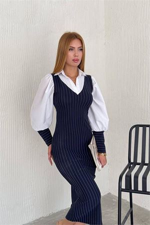 Neşeli butik kadın çizgili gömlek detaylı likralı kalem elbise NBK2173