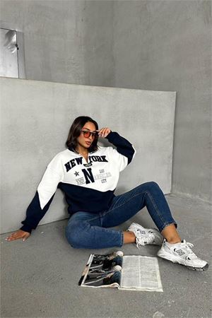 Neşeli butik kadın lacivert fermuarlı New york sweat NBG050