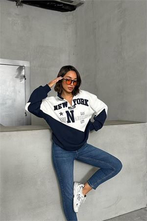 Neşeli butik kadın lacivert fermuarlı New york sweat NBG050