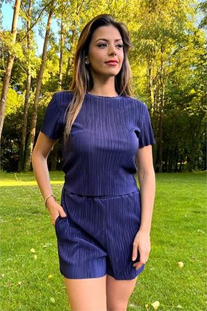 Neşeli butik kadın lacivert yeni sezon piliseli alt üst ikili takım NB10047