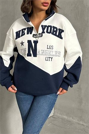 Neşeli butik kadın lacivert fermuarlı New york sweat NBG050