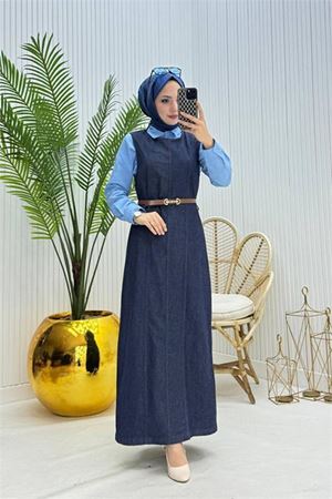 Neşeli butik kadın kemerli denim jile gömlek tesettür takım NMS073