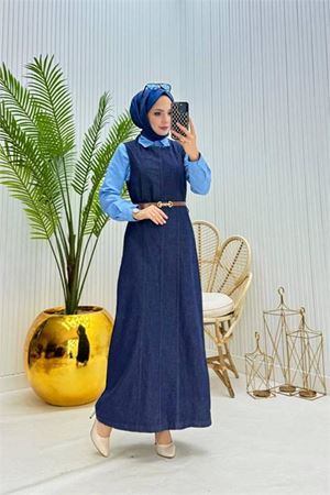 Neşeli butik kadın kemerli denim jile gömlek tesettür takım NMS073
