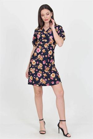 Neşeli butik kadın kruvaze yaka çiçek desenli örme krep mini elbise NB100221