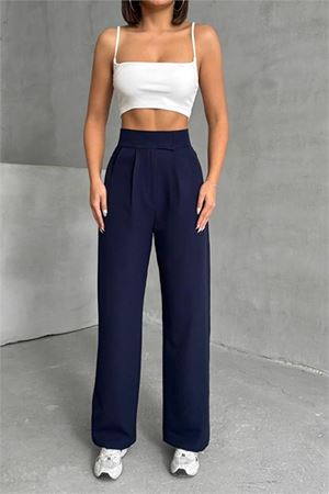 Neşeli butik kadın lacivert beli cırtlı palazzo kumaş pantolon NBG063