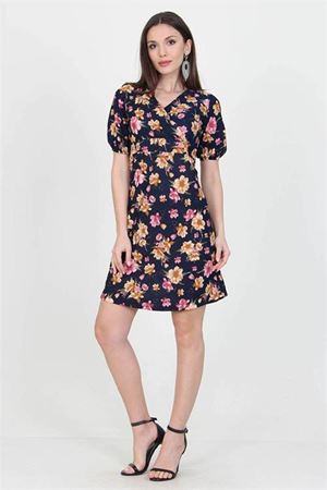 Neşeli butik kadın kruvaze yaka çiçek desenli örme krep mini elbise NB100221