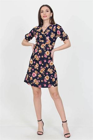 Neşeli butik kadın kruvaze yaka çiçek desenli örme krep mini elbise NB100221