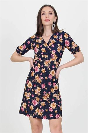 Neşeli butik kadın kruvaze yaka çiçek desenli örme krep mini elbise NB100221