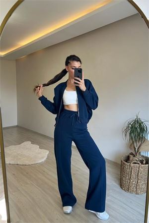 Neşeli butik kadın fermuarlı oversize sweat ve yüksek bel eşofman takımı NM018