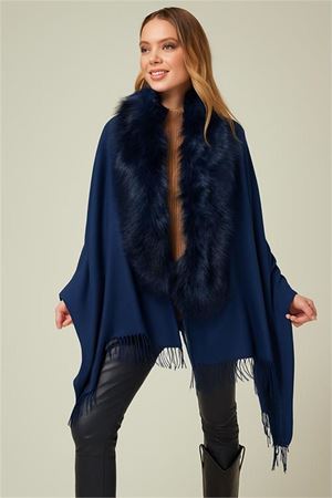 Neşeli butik kadın kürk yaka püsküllü şal panço NBAKS039