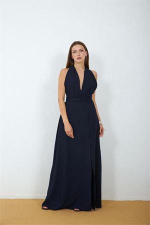 Neşeli butik kadın lacivert yırtmaçlı halter yaka sırt dekolteli bağlama detaylı maxi elbise NBMY4133