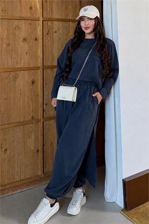 Neşeli butik kadın lacivert asimetrik tunik pantolon oversize tesnsel tesettür takım NMS104