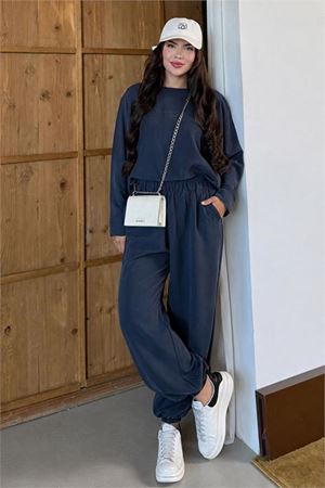 Neşeli butik kadın lacivert asimetrik tunik pantolon oversize tesnsel tesettür takım NMS104