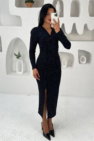 Neşeli butik kadın kruvaze yaka yırtmaçlı midi boy elbise NBMY3837