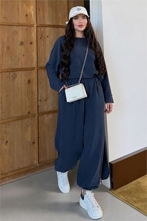 Neşeli butik kadın lacivert asimetrik tunik pantolon oversize tesnsel tesettür takım NMS104