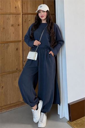 Neşeli butik kadın lacivert asimetrik tunik pantolon oversize tesnsel tesettür takım NMS104