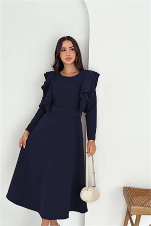 Neşeli butik kadın kol fırfırlı kemerli midi boy elbise NBK4309
