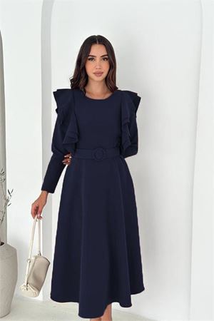 Neşeli butik kadın kol fırfırlı kemerli midi boy elbise NBK4309