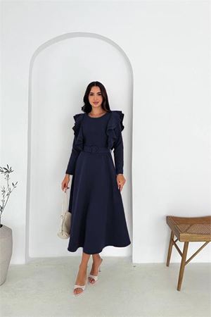 Neşeli butik kadın kol fırfırlı kemerli midi boy elbise NBK4309