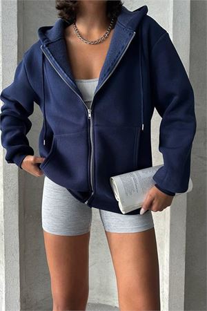 Neşeli butik kadın lacivert kapuşonlu içi pamuklu sweat NBG030