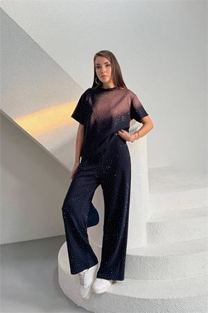 Neşeli butik kadın lacivert taş detaylı ikili basic takım NBG126