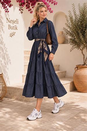 Neşeli butik kadın kot görünümlü gömlek yaka bel lastikli kat kat kadın elbise NBHT07