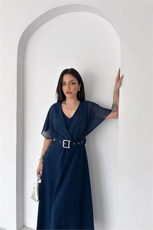 Neşeli butik kadın lacivert şifon kol detaylı V yaka kemerli midi boy elbise ----NBK085