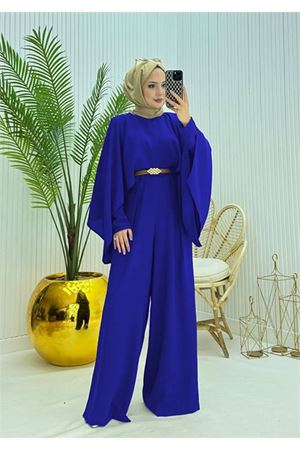 Neşeli butik kadın pelerinli kemer detaylı tesettür tulum NMS061