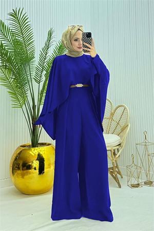 Neşeli butik kadın pelerinli kemer detaylı tesettür tulum NMS061