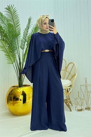 Neşeli butik kadın pelerinli kemer detaylı tesettür tulum NMS061