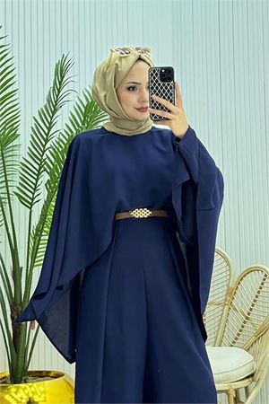 Neşeli butik kadın pelerinli kemer detaylı tesettür tulum NMS061